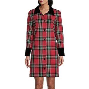 NWT Preston & York Laurel Plaid Velvet Cuff & Collar Long Sleeve Shirt Dress
